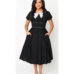 Unique Vinage Jana Black swing dress Polka Dot Bow 1950s Sz 1X #48